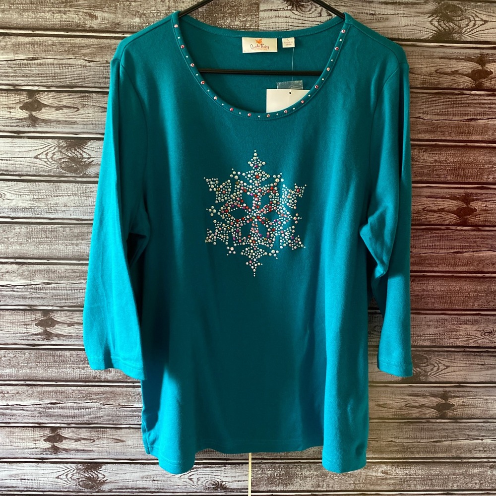 Quacker Factory Women's Long-Sleeved Top Size L Teal Embellished Snowflake NWT